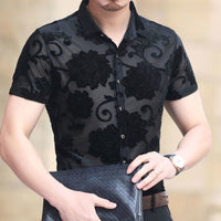 Short Sleeve Hollow Men's Shirt Flocking Embroidered Shirt