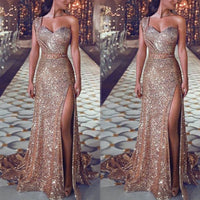 European and American women's sexy one-shoulder sleeveless bronzing dress slit long skirt