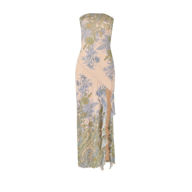 Printed Slit Slim Tube Top Dress Women