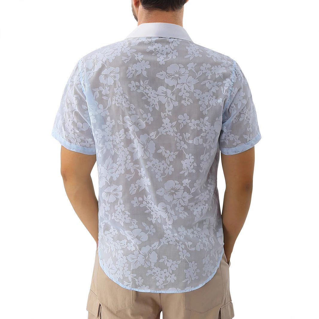 Hawaiian Jacquard Shirt Transparent Cutout Short Sleeve Thin Holiday Beach Shirt