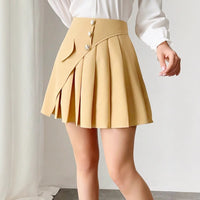 Solid Color Pleated Front Button Design, Women's Temperament Commuting A-line Skirt