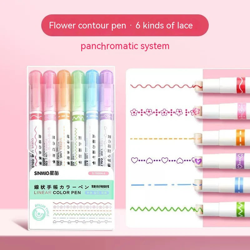 Kawaii Flowers Line Shaped Highlighter Pens, Roller Tip, Curve Liner, Marker for Writing, Journaling,Drawing Stationery, 6Pc Set