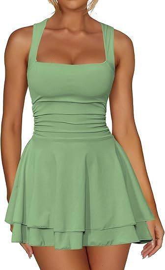 Women's Square Collar Waist Pleated Hem Mini Short Dress