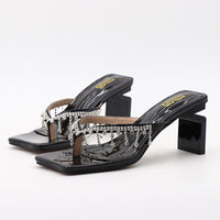 Square Toe Rhinestone High-heeled Outdoor Women's Fashionable Chunky Heel Plus Size Sandals
