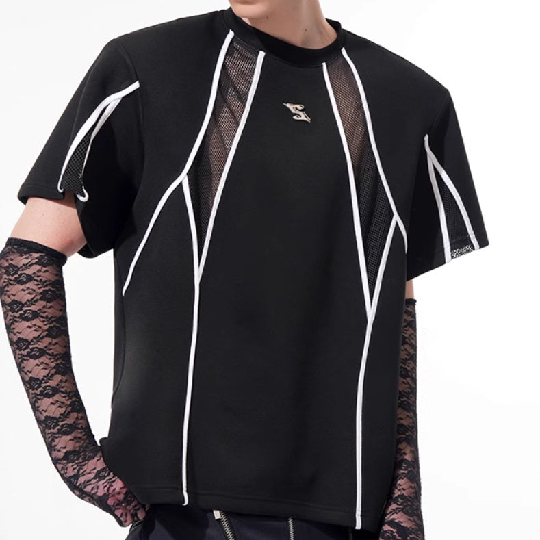 Niche Mesh Hollow Stitching Padded Shoulder Black T