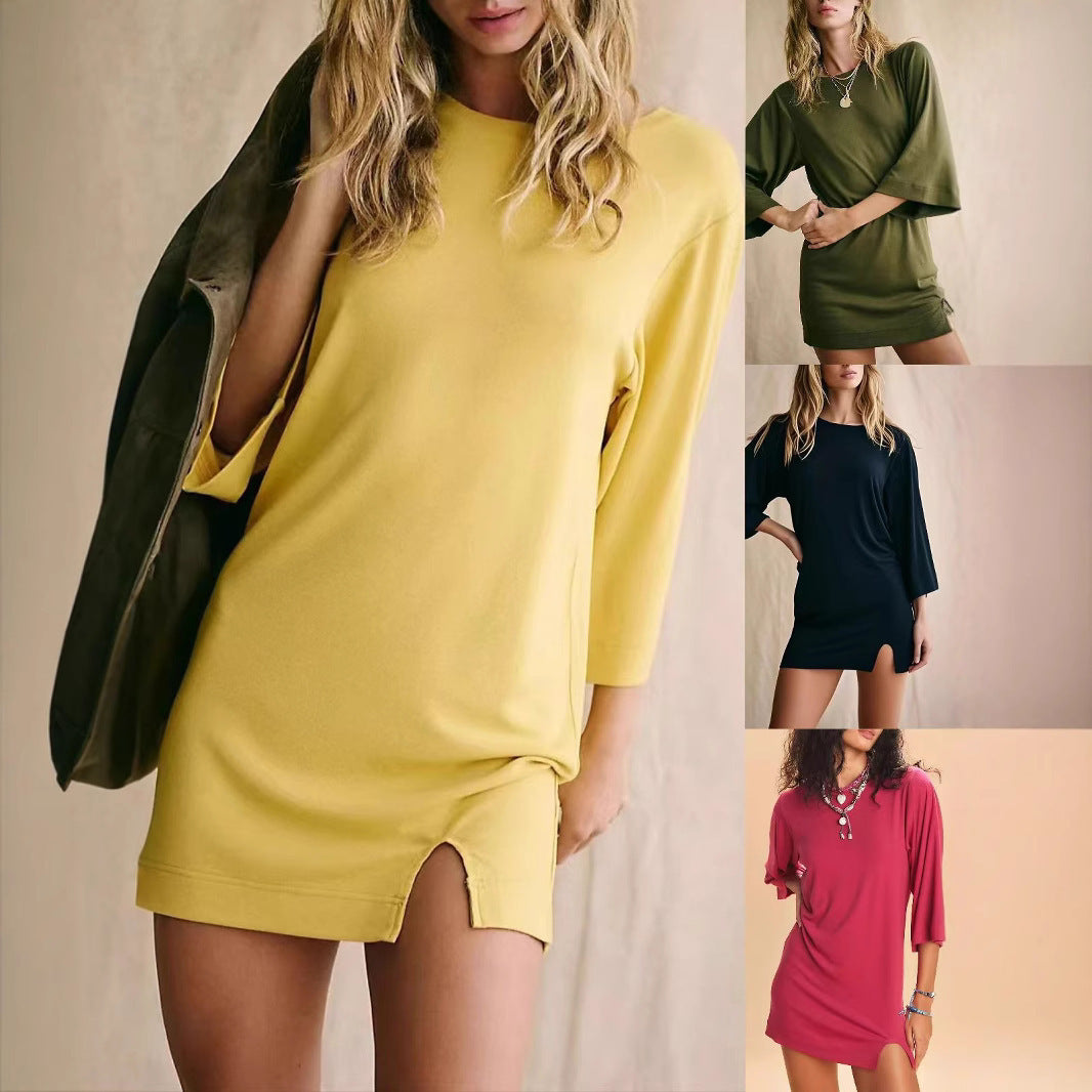 Fashion Casual Solid Color Round Neck 34 Sleeves Dress
