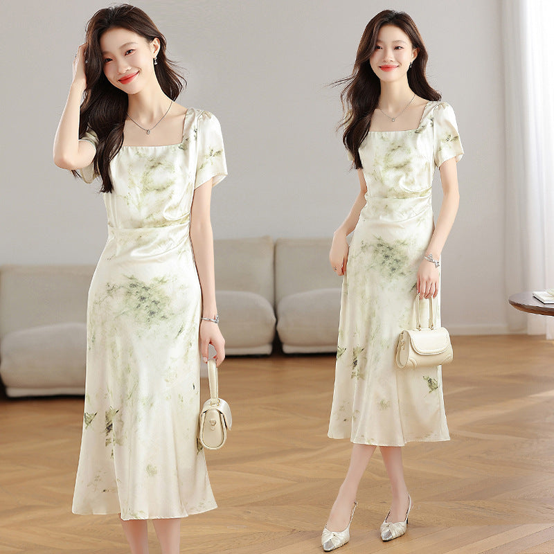 French Square Collar Silk Satin Printed Dress