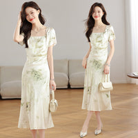 French Square Collar Silk Satin Printed Dress