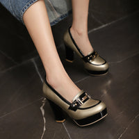 Round Toe Waterproof Platform Chunky Heel High Heel Leather Shoes