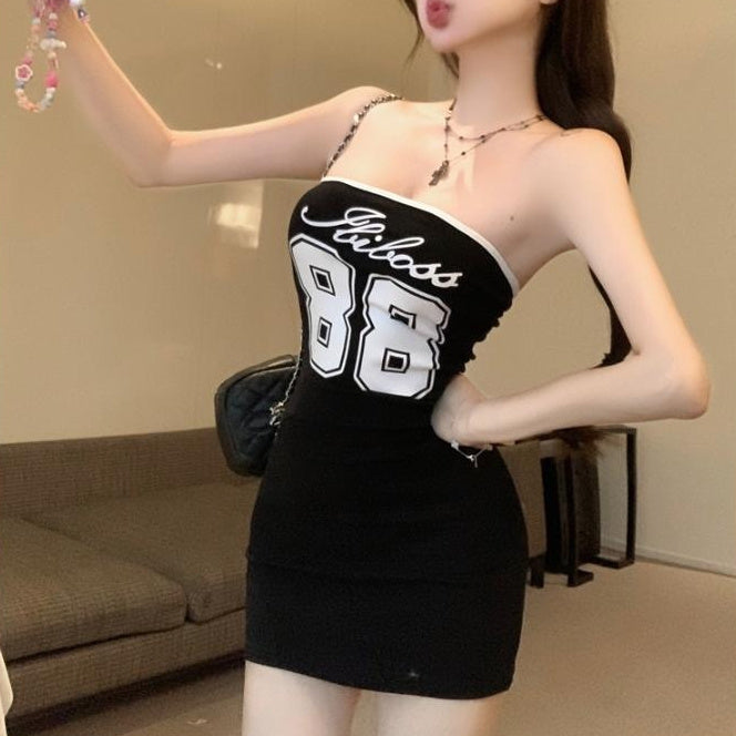 Hot Girl Waist Trimming Printing Tube Top Dress Sexy