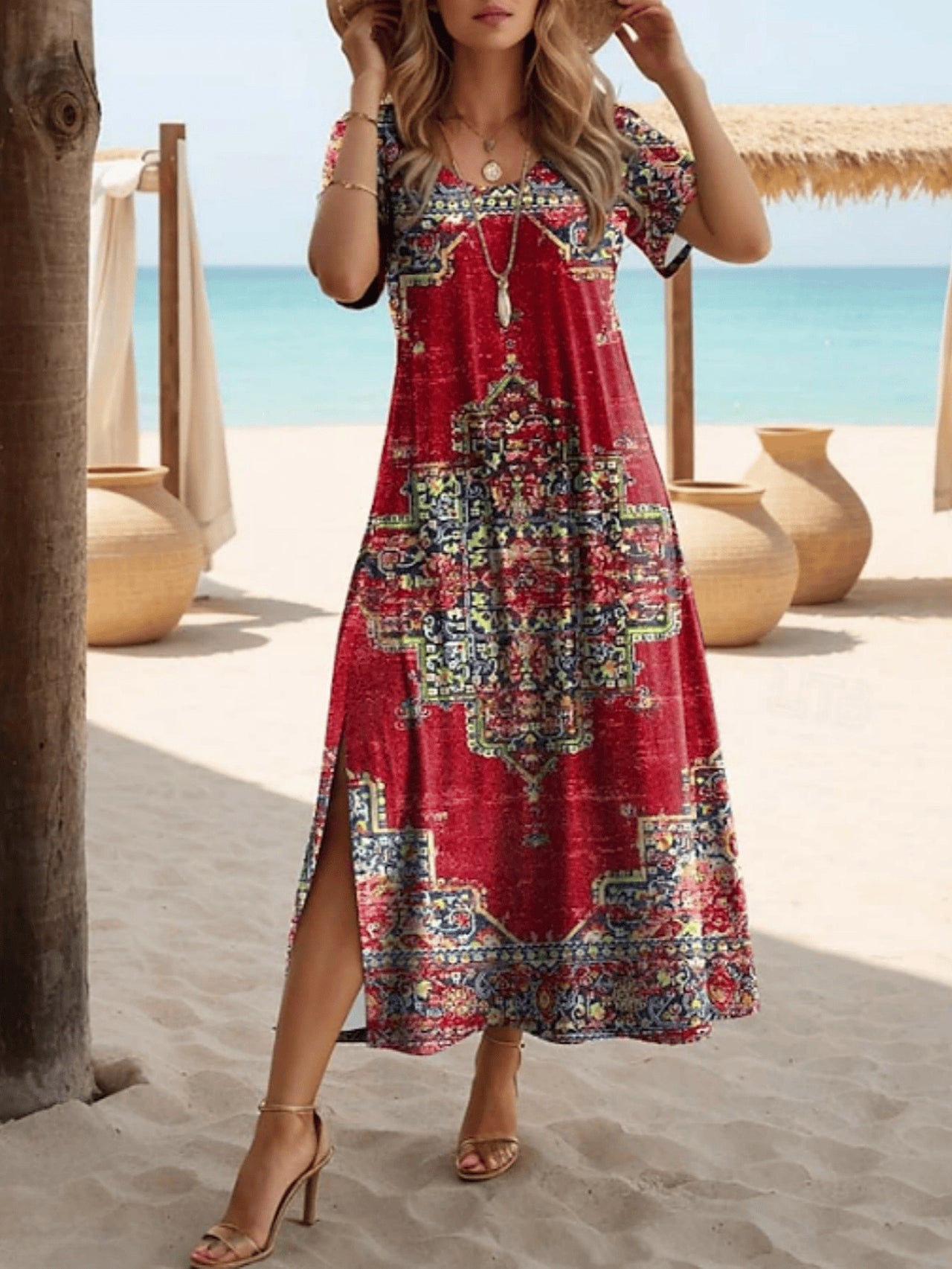 Spring And Summer Women's Elegant Slit Round Neck Dress
