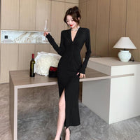 French Style Retro Elegant Kinked V-neck Long-sleeve Dress