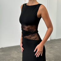 Women's Solid Color Translucent Hollow Lace Twisted Belt Dress