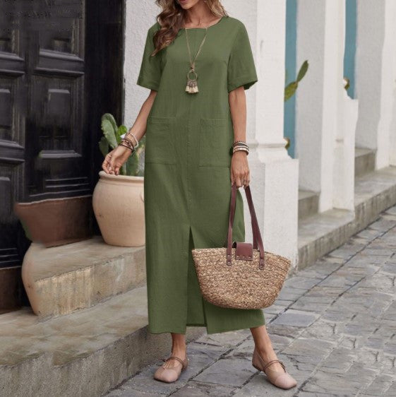 Cotton And Linen Solid Color Loose Round Neck Short Sleeve Dress Women