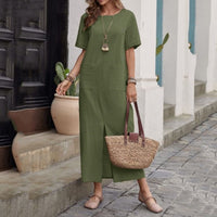 Cotton And Linen Solid Color Loose Round Neck Short Sleeve Dress Women