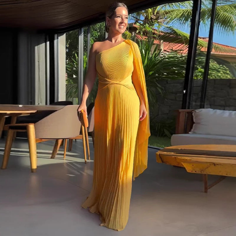 Fashion Diagonal Collar Raglan Sleeve Cinched Waist Slim-fit Long Dress