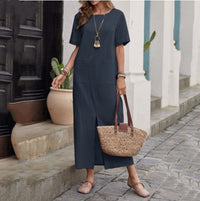 Cotton And Linen Solid Color Loose Round Neck Short Sleeve Dress Women