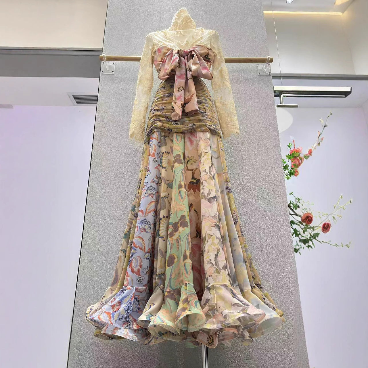 Silk Ribbon Ruffled Skirt Lace Long