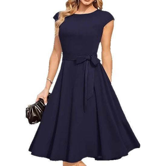 Summer Round Neck Sleeve Waist Belt Slim Print Sleeveless Swing Dress
