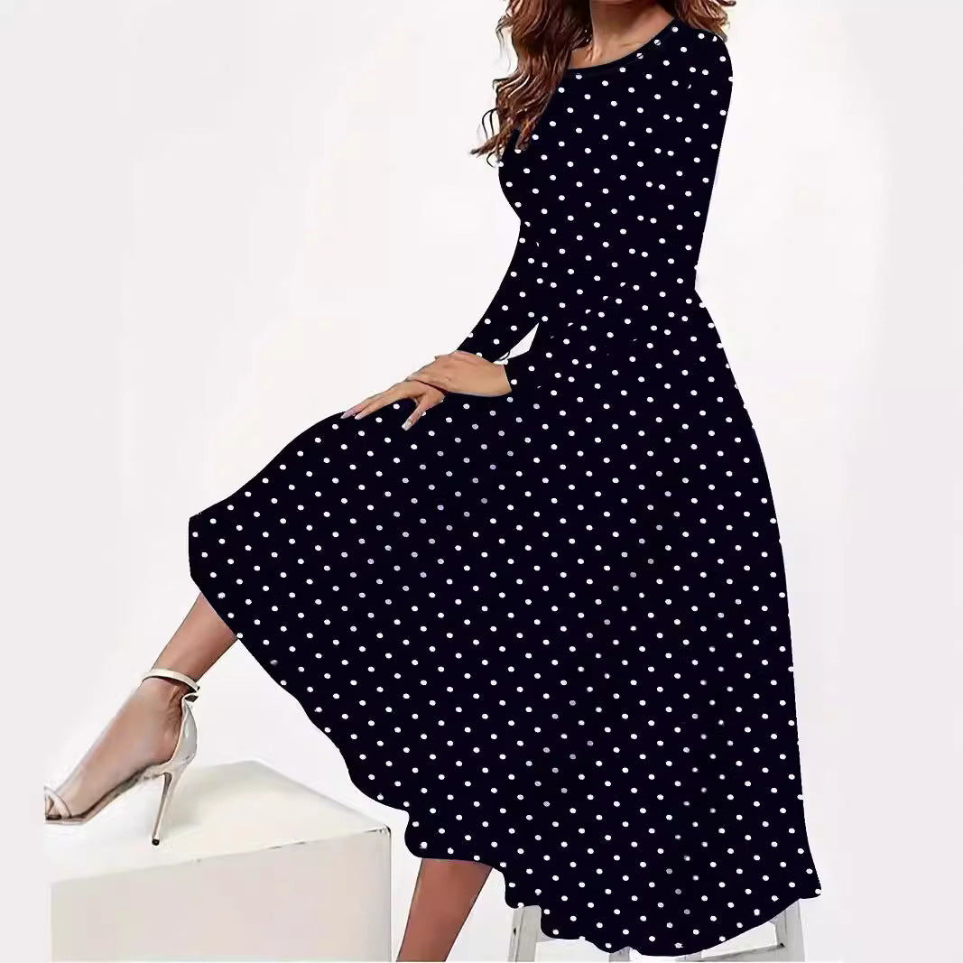 European And American Elegant Polka Dot Printed Round Neck Long Sleeve Pocket Dress