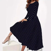 European And American Elegant Polka Dot Printed Round Neck Long Sleeve Pocket Dress