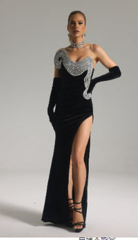 Rhinestone Design Split Shoulder Sleeveless Black Dress