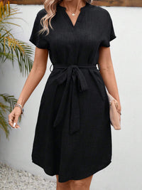 Women's V-neck Solid Color Short Sleeve Bow Belt Dress