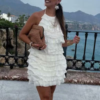 European And American Women's Summer Casual Laminated Decoration Sleeveless Hanging Collar Dress