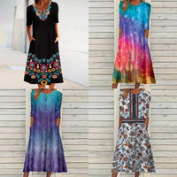 Sale Trend Positioning Printing Round Neck Half Sleeve Pocket Dress
