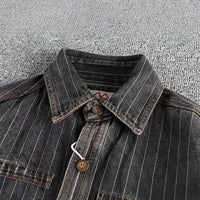 Men's British Retro Black Gray Striped Denim Shirt