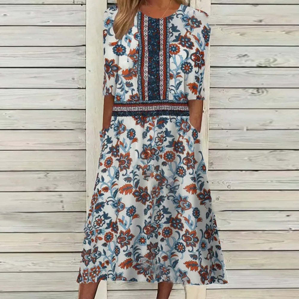 Sale Trend Positioning Printing Round Neck Half Sleeve Pocket Dress