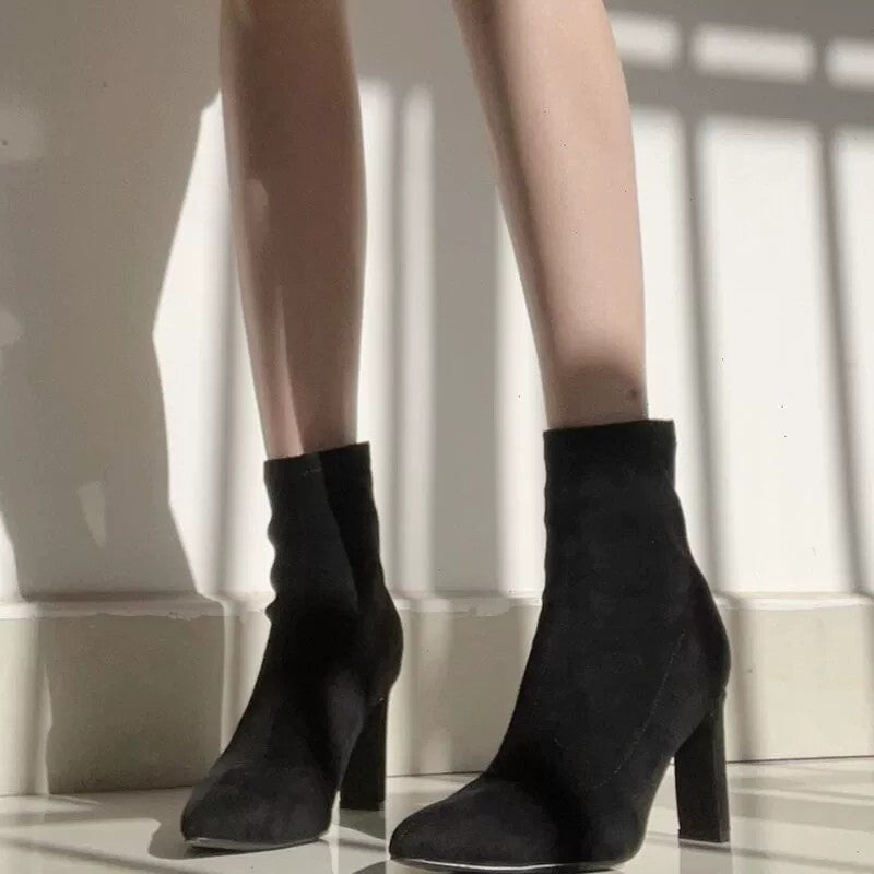 All-match Middle Tube Suede Pointed Ankle Boots Chunky Heel