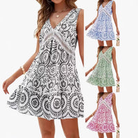 Women's Elegant Printed Hollow Lace V-neck Sleeveless Dress