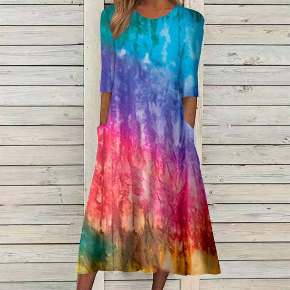 Sale Trend Positioning Printing Round Neck Half Sleeve Pocket Dress