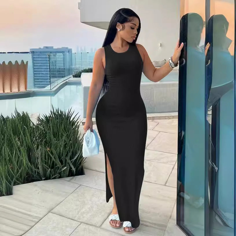 Commute Style Sleeveless Round-neck High Waist Dress