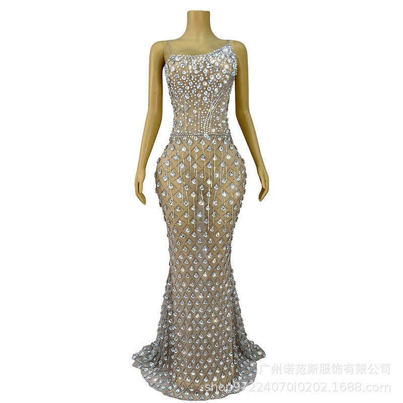 Niche Design Oblique Light Diamond Trailing Dress