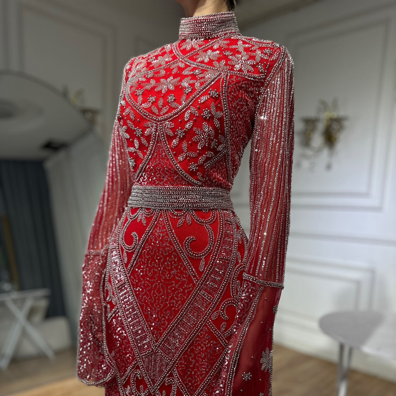 Red High Collar Fishtail Evening Long Dress