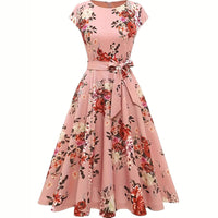 Summer Round Neck Sleeve Waist Belt Slim Print Sleeveless Swing Dress