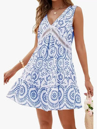 Women's Elegant Printed Hollow Lace V-neck Sleeveless Dress