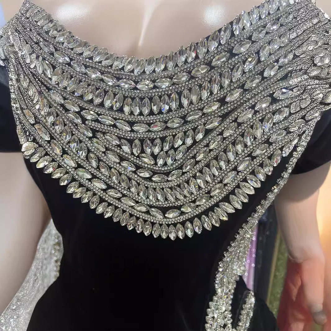 Rhinestone Design Split Shoulder Sleeveless Black Dress