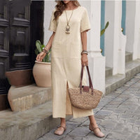 Cotton And Linen Solid Color Loose Round Neck Short Sleeve Dress Women