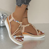 Round Toe Flat Bottom Wedge Sandals For Women Woven Beads