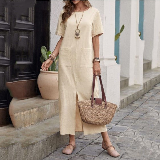 Cotton And Linen Solid Color Loose Round Neck Short Sleeve Dress Women