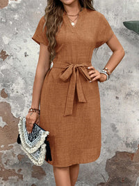 Women's V-neck Solid Color Short Sleeve Bow Belt Dress