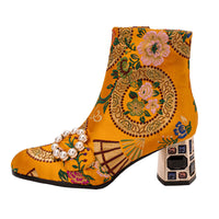 Ethnic Style Round Toe Pearl Buckle Flower Embroidery Chunky Heel Ankle Boots