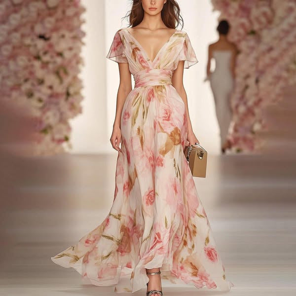 Short Sleeve V-neck Digital Printed Long Skirt Elastic Waist