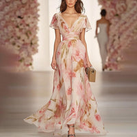 Short Sleeve V-neck Digital Printed Long Skirt Elastic Waist