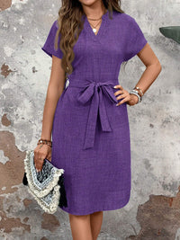 Women's V-neck Solid Color Short Sleeve Bow Belt Dress
