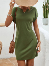 Solid Color And V-neck Bat Sleeve Sheath Dress
