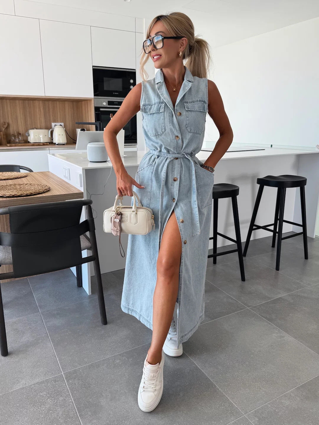 New Sleeveless Long Tie Waist-tight Single-breasted Denim Dress
